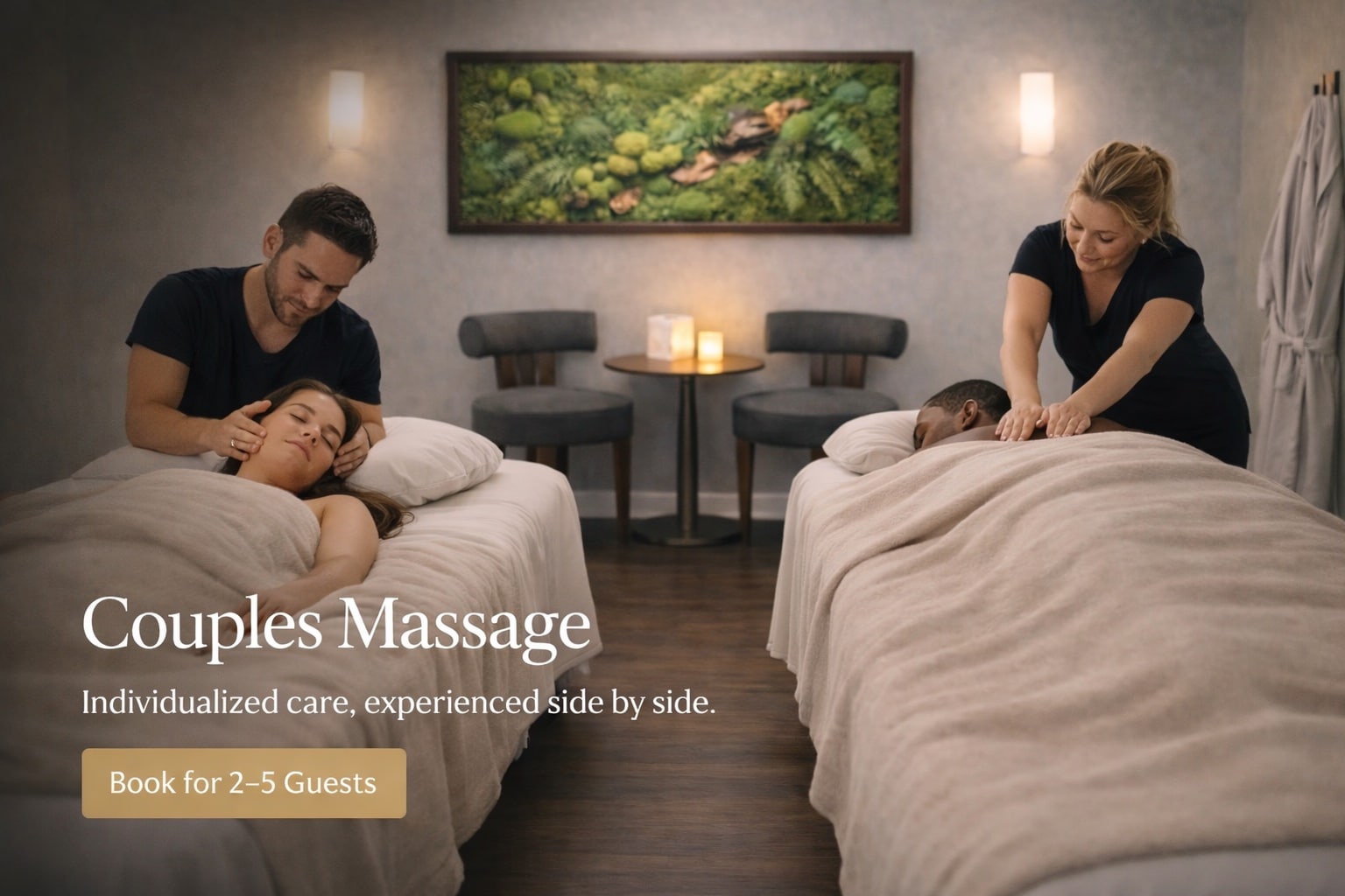 Couples massage in Hoboken with two guests receiving side-by-side therapeutic treatment
